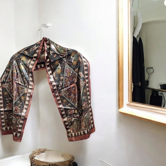 Oscar de la Renta Vintage Metallic Geometric Scarf Italy 53x10.5 Gold Silver - Picture 2 of 9